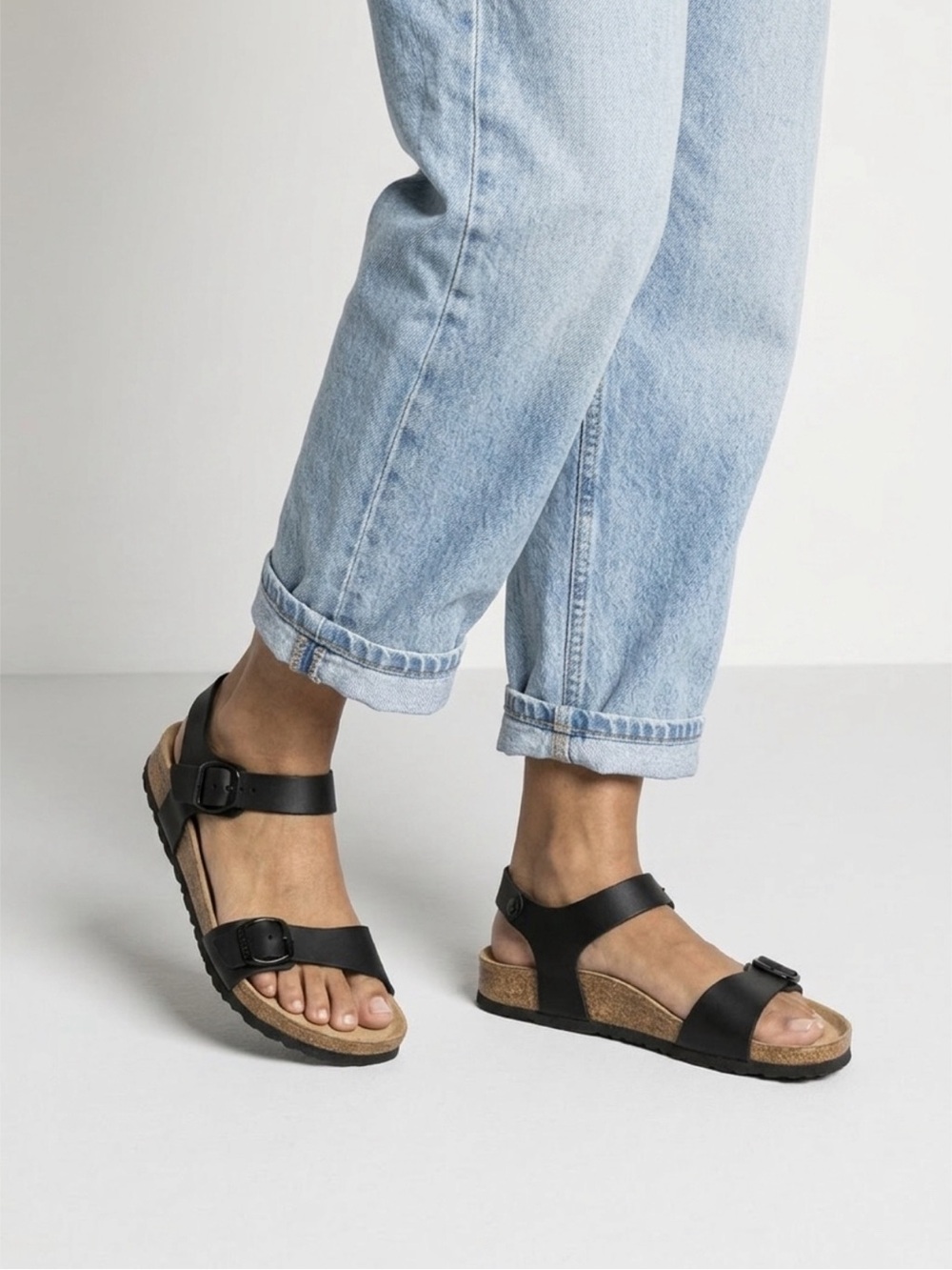 Papillio Black Leather Two-Strap Cork Footbed Sandals Size 40 9-9.5
